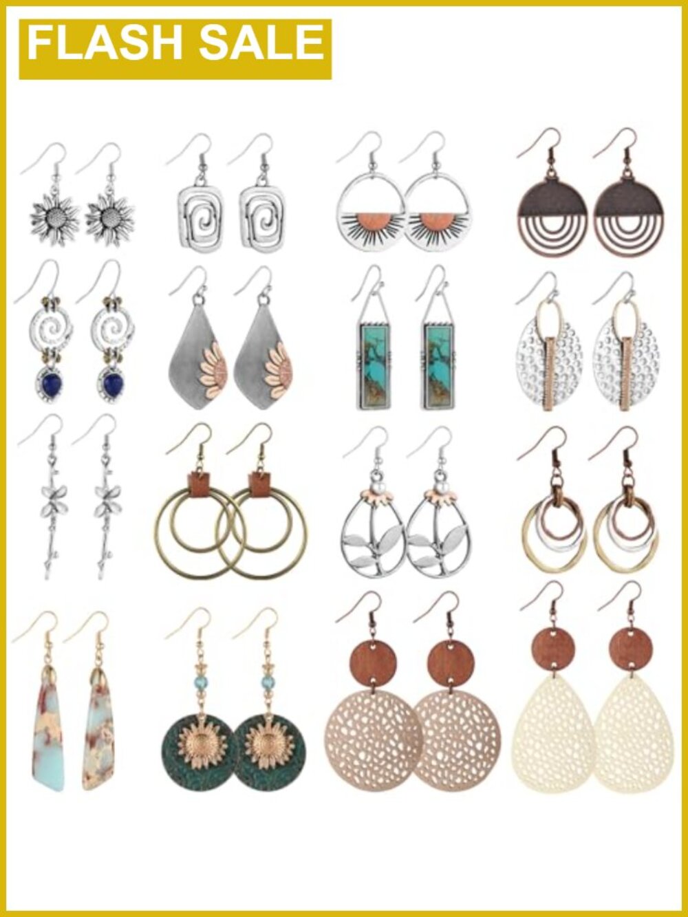 Boho Dangle Earrings Set 16 Pairs Wood Leather Alloy Hook Drop Dangle